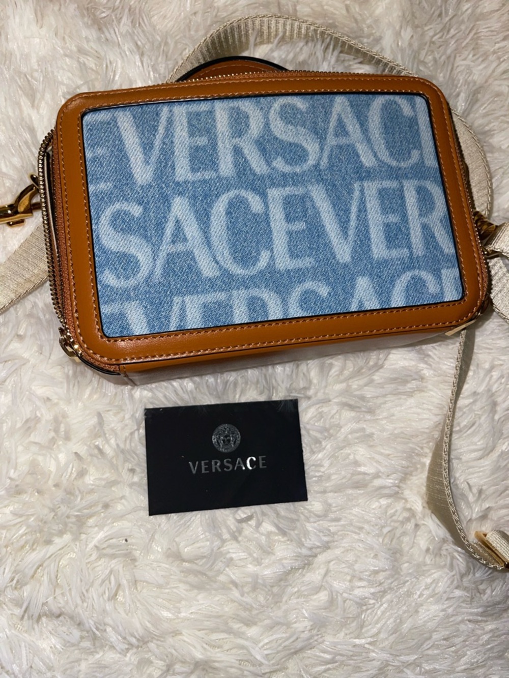 Versace Blue Logo Denim Panel Tan Leather Crossbody